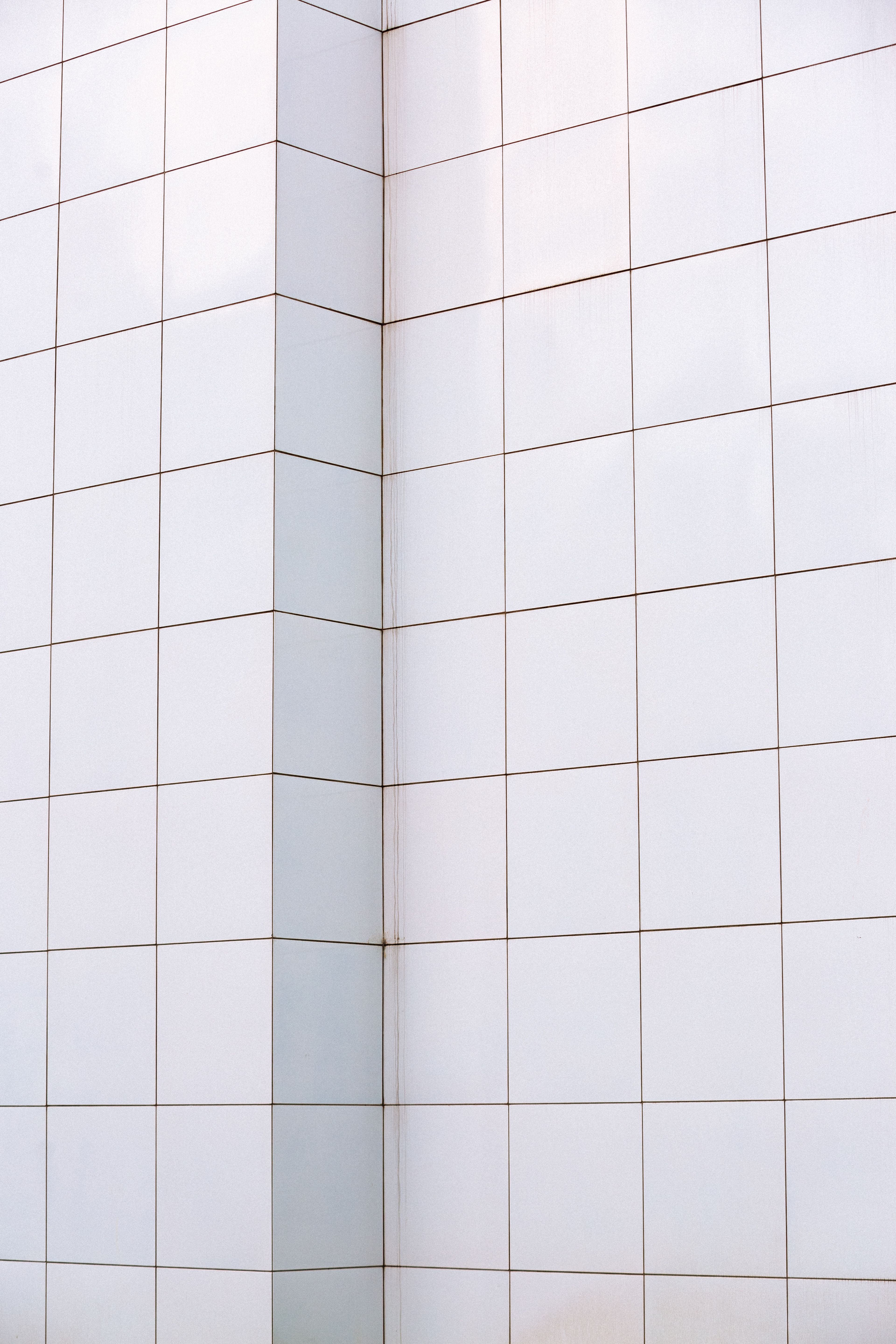 White tiled wall corner with converging grout lines.
